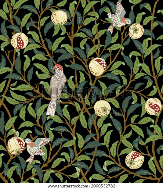 Vintage birds in foliage with birds and fruits seamless pattern on dark background. Middle ages William Morris style. Vector illustration.