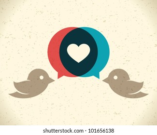 Vintage birds and heart set. Vector design element.