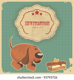 Vintage birthday card with cake, dog and retro label - vector illustration