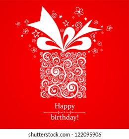 Vintage Birthday Card. Celebration red background with gift boxes and place for your text.  Vector Illustration