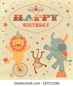 Vintage birthday card with circus animals