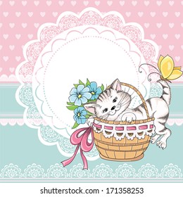 Vintage birthday card with funny cat on a lace background and copy space for you text