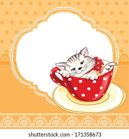 Vintage birthday card with funny cat on a lace background and copy space for you text