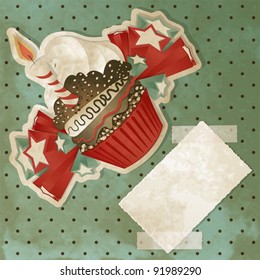 Vintage birthday card with funny cupcake and copy space