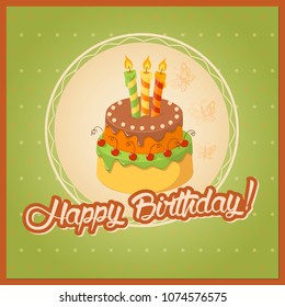 Vintage birthday card with handwritten inscription Happy Birthday and realistic cupcake with three candles on the vintage background. eps10.