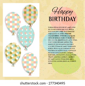 Vintage birthday card, postcard with balloons explosion - many blue, white, green, yellow, flying balloons - simple patterns, colorful confetti, text Happy Birthday, retro design