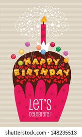 Vintage birthday card, Vector EPS10,  with a yummy cupcake and funny characters