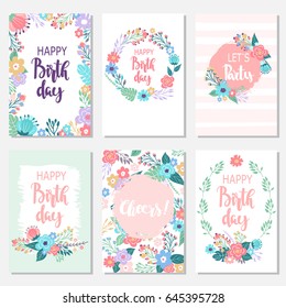 Vintage birthday cards design set with abstract flowers and hand-written text. Collection of beautiful greeting cards in the Doodle style.