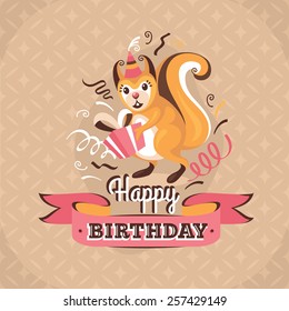 Vintage birthday greeting card with a squirrel holding a present on a retro background