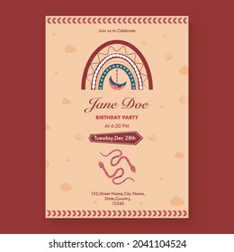 Vintage Birthday Party Flyer Design With Event Details On Red Background.