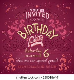 Vintage birthday party invitation card design typography and hand-lettering