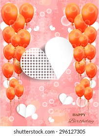 Vintage, birthday, pink card, postcard with many, red, flying balloons, white, dotted hearts with shadows, text Happy Birthday, retro design