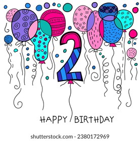Vintage birthday postcard in iconic hand drawn pop art style. Celebrating two years. Two-year-old celebration card. Baby's growth and milestones. Vector illustration isolated on a white background.