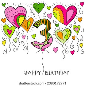 Vintage birthday postcard in iconic hand drawn pop art style. Celebrating three years. Three-year-old celebration card. Baby's growth and milestones. Vector illustration isolated on a white background
