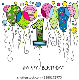 Vintage birthday postcard in iconic hand drawn pop art style. Celebrating first year. One-year-old celebration card. Toddler's milestone. Editable vector illustration isolated on a white background.