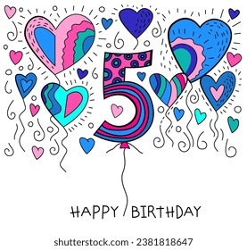 Vintage birthday postcard in iconic hand drawn pop art style. Celebrating five years. Five-year-old celebration card. Baby's growth and milestones. Vector illustration isolated on a white background