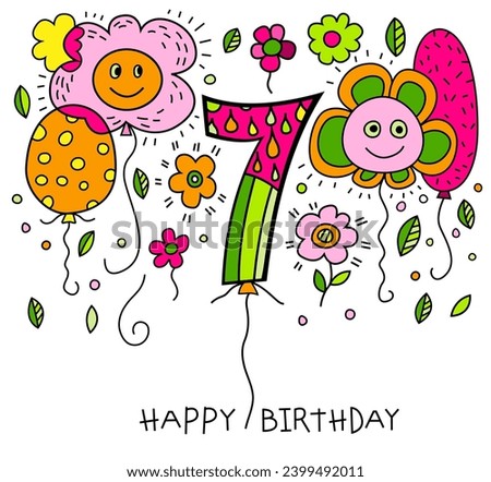 Vintage birthday postcard in iconic hand drawn pop art style. Celebrating seven years. Seven-year-old celebration card. Baby's growth and milestones. Vector illustration isolated on a white background