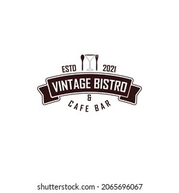 Vintage Bistro and Cafe Bar Logo applied for the cafe bar and restaurant logo design inspiration. Wine Glass Spoon Fork Restaurant Vintage Retro Bar Bistro with Ribbon Logo design