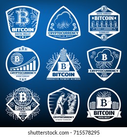 Vintage bitcoin currency labels set with payment network server computer hardware coins clouds mining graphs on blue background isolated vector illustration