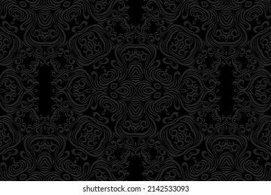 Vintage black background, cover design. Geometric trendy 3D pattern, ethnic texture. Creativity of the peoples of the East, Asia, India, Mexico, Aztecs, Peru.