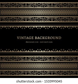 Vintage black background with gold border ornaments, swirly golden frame on black background, filigree vector decoration for wine label design