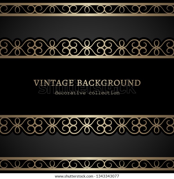 Vintage black background with gold border\
ornaments, swirly golden frame, filigree vector decoration for\
vintage label design