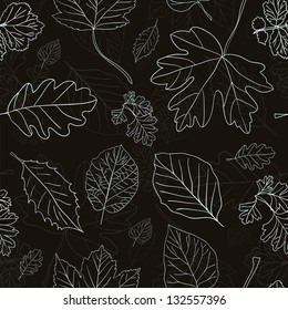 Vintage black background with tree leaves hand drawn silhouettes. Seamless pattern. Vector illustration