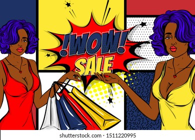 Vintage Black Blue Hair Pop Art Girl Shopping. Halftone Comic Book Backdrop. Wow Smiling Face Pop Art Woman. Comic Speech Bubble. Happy African Woman With Bags. Pin Up Art Style.