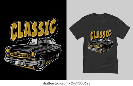 Vintage black car design accompanied by bold text CLASSIC in retro style. for car enthusiasts and classic car lovers