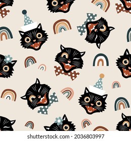 Vintage black cats and rainbows seamless vector pattern.