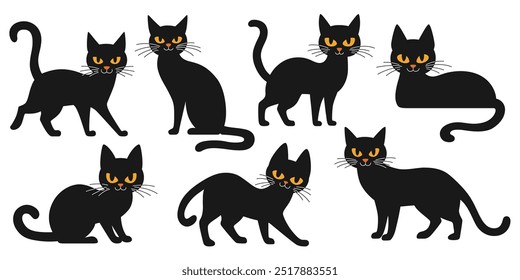 Vintage black cats silhouettes set for Halloween and other. Retro cat shapes isolated on white background. Stock vector