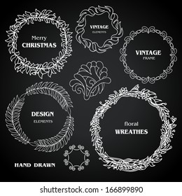 Vintage  black chalkboard wreaths, vignettes, frames set, drawing doodle style, ornamental, cute calligraphic design elements, creative decorations, retro decor, grunge floral patterns templates 