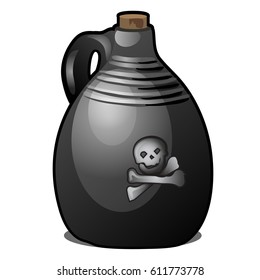 Vintage black clay bottle sealed with cork isolated on white background. Pirate intoxicating drink. Vector cartoon close-up illustration.