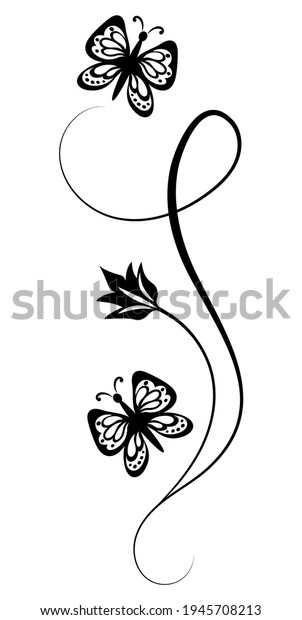Vintage black floral ornament with butterflies\
and flower for decoration greeting card or tattoo isolated on white\
background