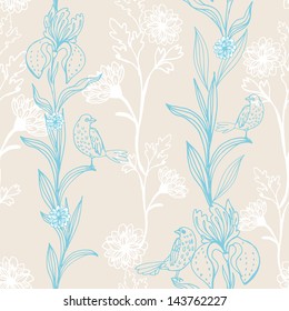 Vintage black floral seamless pattern with doodle flowers and birds