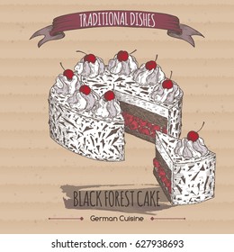 Vintage black forest cake placed on old paper background. Great for market, restaurant, cafe, food label design.