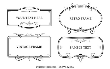 Vintage black frames set. Isolated antique borders on white background. Vector illustration