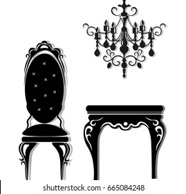 Vintage black furniture set Vector. Rich carved ornament furniture collection. Vector Victorian Style