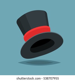 Vintage black gentleman top hat ith red stripe isolated on blue background. Vector flat design cloth illustration