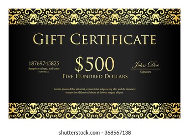 Vintage black gift certificate with golden ornament pattern