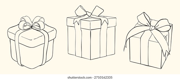 Vintage black gift set vector illustration featuring elegant boxes, ribbons, and decorative packaging. Perfect for seasonal designs, holiday cards, retro projects, and digital artwork.
