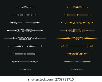 Elementos divisores Antiguas en negro y oro con líneas decorativas y adornos de Vector geométricos	
