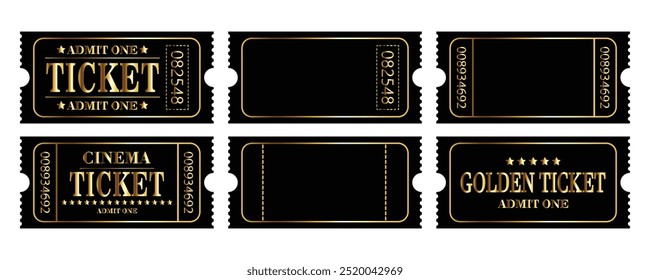 Vintage black and gold ticket stock vector sketch, Retro ticket concert and festival event, movie theater coupon. Isolated on white. Set of gold tickets.