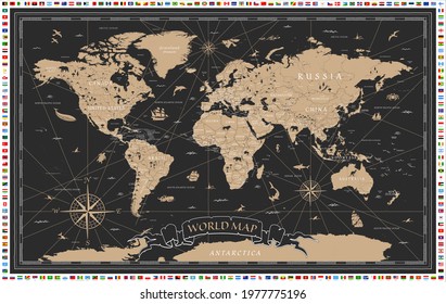 Vintage Black Golden World Map - Vector Illustration