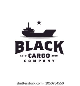 Vintage Black Heavy Cargo Ship Boat on the sea ocean retro logo design 