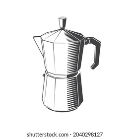 Vintage black Italian metallic coffee maker on white background. Vector illustration. Equipment for camping, climbing, hiking, traveling. Retro geyser coffee maker isolated on the white.