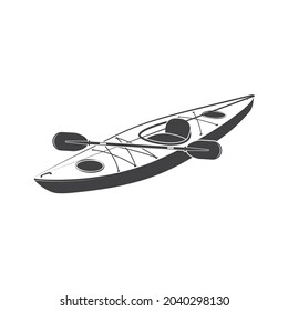 Vintage black kayak with paddle on white background. Vector illustration. Equipment for camping, kayaking, hiking, traveling. Retro kayak isolated on the white.