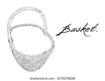  vintage black lined Easter basket for eggs. Spring celebration. Easter holiday scenes wicker basket. Vector isolated picnic withe basket on white background.eps8