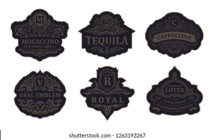 Vintage black logos and emblems set. Flourishes jewelry crest. Calligraphic monogram letters. Floral royal drink design. Vector luxury frames, restaurant, boutique, heraldic, cafe, hotel