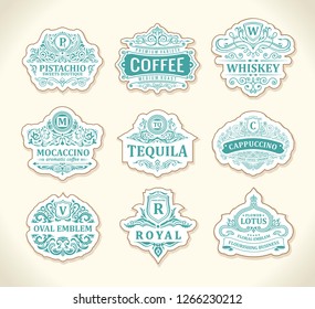 Vintage black logos and emblems set. Flourishes jewelry crest. Calligraphic monogram letters. Floral royal whiskey design. Vector luxury frames, restaurant, boutique, heraldic, cafe, hotel